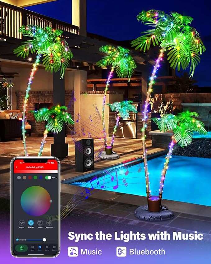 7FT Smart LED Artificial Palm Tree with App Control - DIY Color Changing Outdoor Palm Tree with Music Sync, Timer & Remote - Waterproof Pre-Lit Tropical Decor for Patio Pool Party Tiki Bar, 2 Trunks
