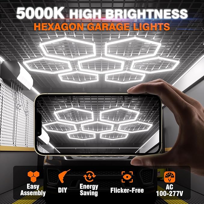 Hexagon Garage Lights, 1-HEX Updated Bigger Size, 7200lm Super Bright Car Detailing Ceiling, Led Hexagon Lights, Honeycomb Lights for Detailing, Workshop, Home Gym, Basement Garage