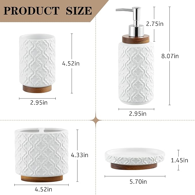 RQYIXI Elegant 4 PCS Ceramic&Wood Bathroom Accessories Set:Soap Dispenser,Toothbrush Holder,Tumbler,Soap Dish,Easy to Clean,Quatrefoil Pattern,White-Affordable Luxury for Home Decor Enthusiasts