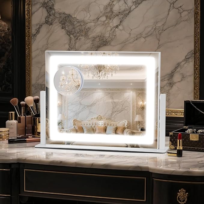 Vanity Mirror with Lights, 16"×12" LED Makeup Mirror, HD Professional Mirror, 10X Magnification, Smart Touch with 3-Color Lighting, Dimmable, 360° Rotation, Lighted Up for Makeup Desk, Bedroom (White)