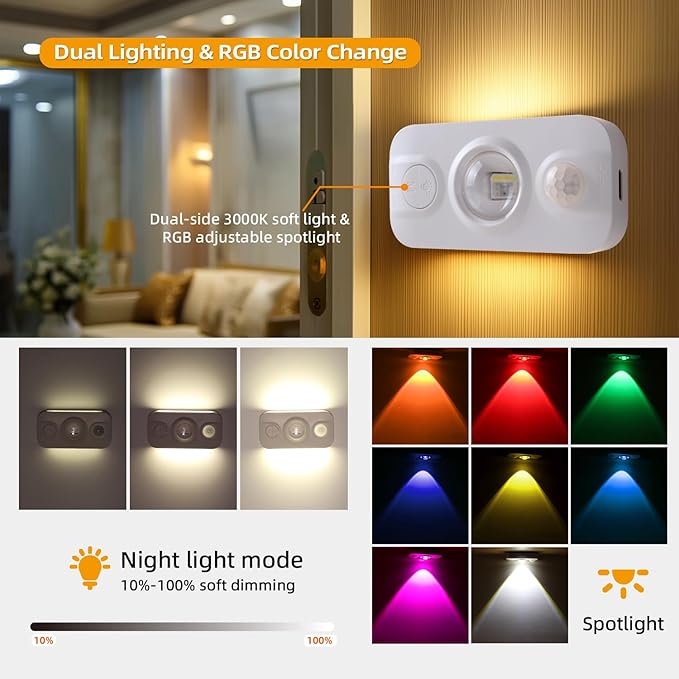 DAMI Motion Sensor Step Light with 7 Colors, USB Rechargeable, Dimmable Warm White Night Light for Bedroom, Kitchen, Staircase, Cabinets – 2 Pack LED Cabinet Lighting, 600mAh Battery