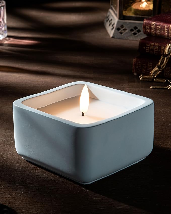 Square Flameless Candles (Blue) - LED Flickering Fake Candles - Made of Real Wax in a Cement Base - an Ideal Gift.