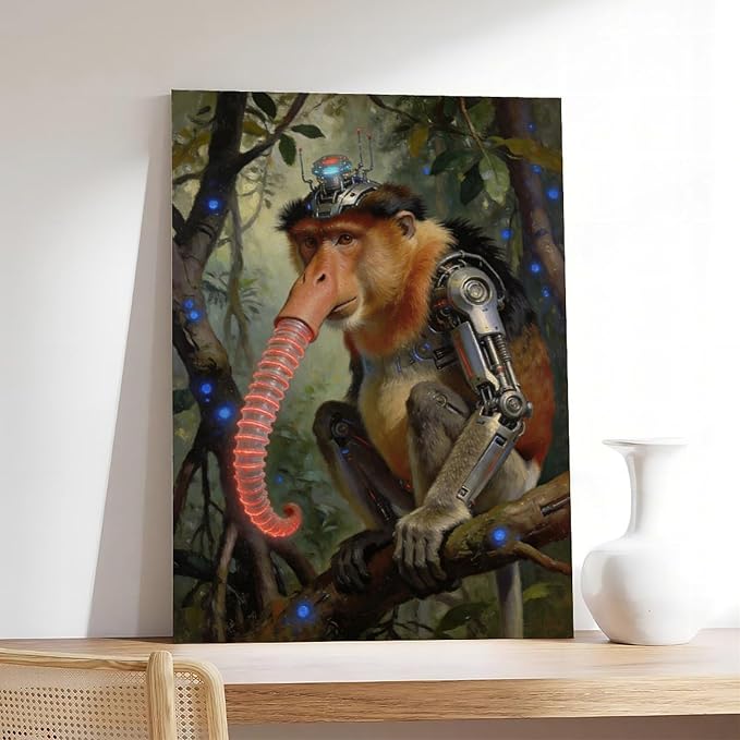 Framed Steampunk Mechanical Proboscis Monkey Wall Art - Jungle Neon Retro Poster for Apartment Leisure Area Decor 20x30inch(50x75cm)