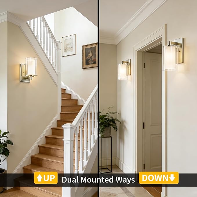 Kalium Wall Sconces Set of Two Modern Vanity Lights with Double Clear Glass Shade Brushed Nickel Indoor Farmhouse Wall Light for Bathroom Living Room Bedroom Mirror Hallway Bulb E26 Base (2PCS)