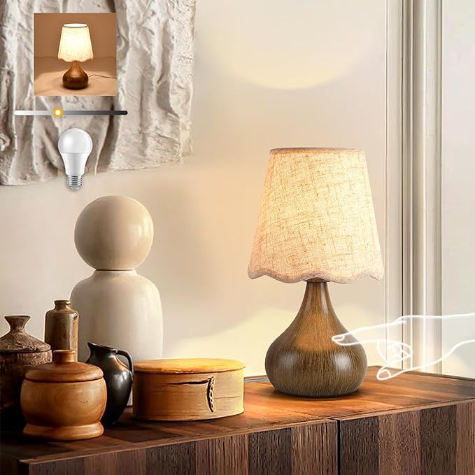 Wood Grain Small Table Lamp Touch Control, Farmhouse Bedroom Lamps for Bedside Nightstand, Vintage Small Table Lamps for Small Spaces for Kitchen Counter, Home Office, Kids Dorm, Bookshelf