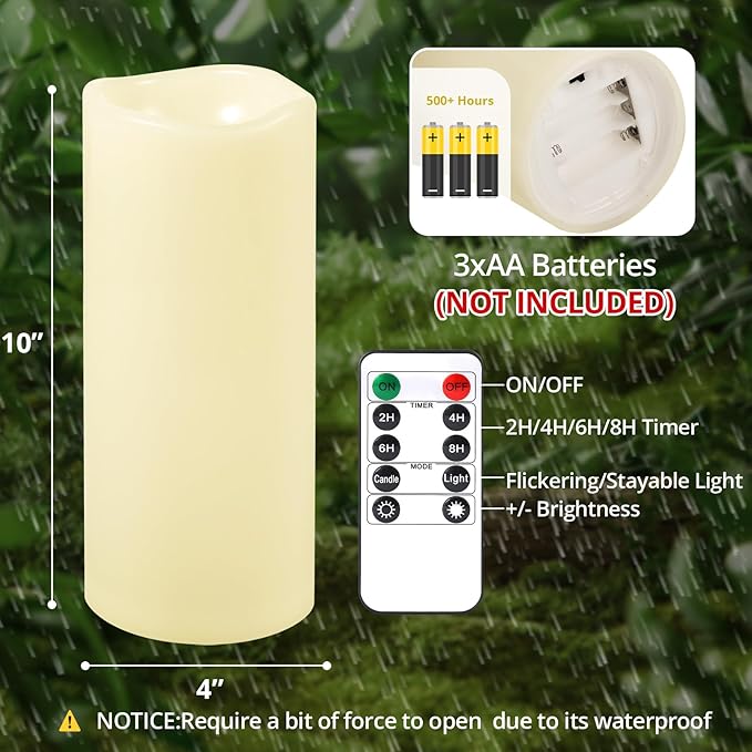 NURADA Large Outdoor Flameless Candles 10" x 4" - Waterproof LED Pillar Flickering Candle Battery Operated with Timer Remote Control for Patio Porch Lanterns Decor - Long Lasting Set of 2