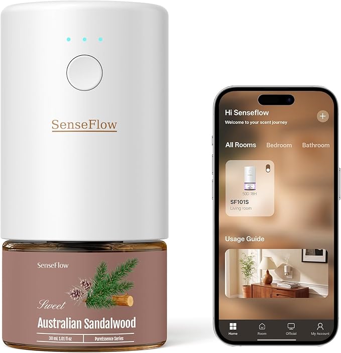 Essential Oil Diffuser for Home, Smart Waterless Aromatherapy Diffuser SF101S Pro, Plug in Room Scent with Timer & 120-Day Natural Aroma, Covers 1000 Sq Ft – Free 30ml Australian Sandalwood