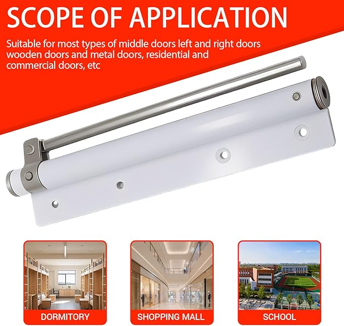 Automatic Door Closer, Adjustable Speed Self-Closing Door Latch for Home & Commercial Use, 150-Degree Opening Angle, Stainless Steel with Screws, Wrench, Force Arm