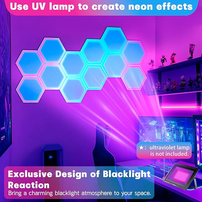 12 Pack Blacklight Acoustic Panels, 14"X 12" X 0.4" Hexagonal UV Reactive Sound Proof Panels for Wall, Sound Absorbing with Self-Adhesive, DIY Decor for Computer Game Room, Bedroom