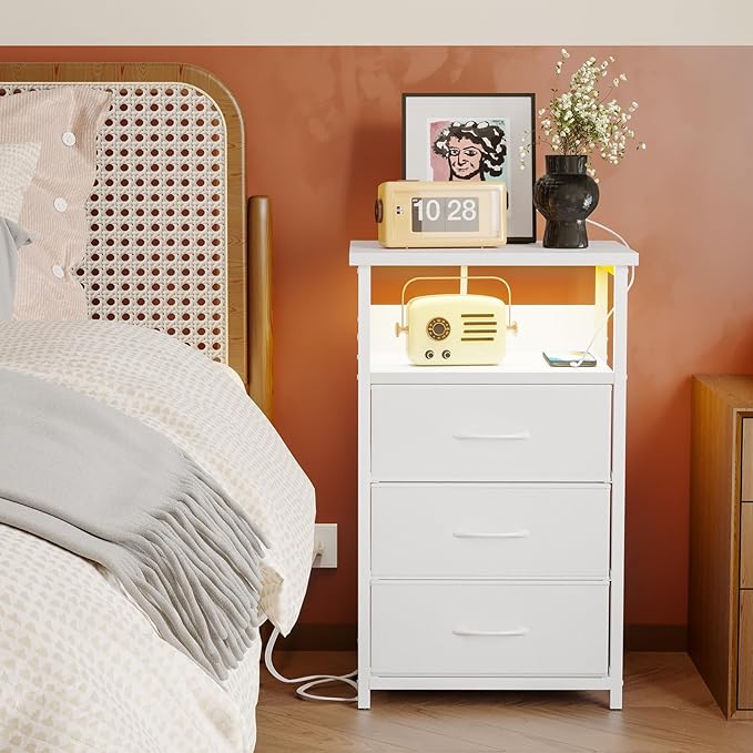 Fixwal White Nightstand with Charging Station, LED Night Stand with 3 Fabric Drawers and Open Shelf, Bedside End Table in Bedroom