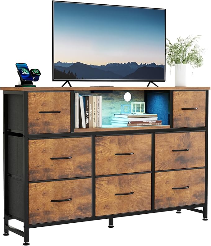 DUMOS TV Stand Dresser with 8 Fabric Drawers and Open Shelves, LED Entertainment Center with Charging Station, Wood Top Media Console for 45-55 inch, Bedroom, Rustic Brown