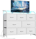 DUMOS TV Stand Dresser with 8 Fabric Drawers, 8-Drawer Chest of Drawers with APP Control LED Lights and Type-C Charging Station, Fabric Storage Tower TV Stand for Living Room, White
