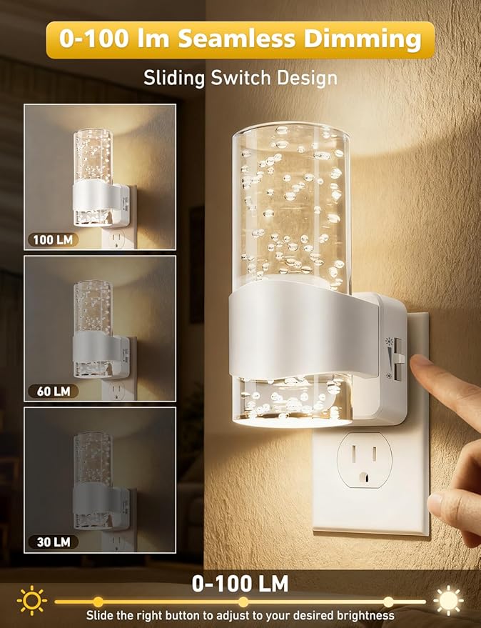 Night Lights Plug into Wall, Dimmable LED Night Light with Dusk to Dawn Sensor, Plug in Night Light Brightness Adjustable, 2 Pack 3000K Acrylic Nightlight for Bathroom Hallway
