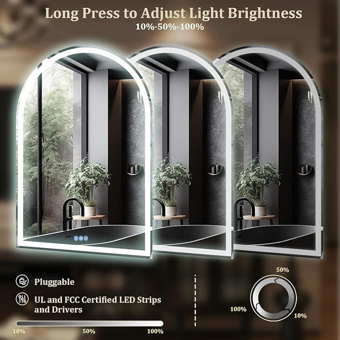 BEAUTYPEAK LED Arch Bathroom Mirrors with Lights, 36x24 Arch Mirror with Metal Frame, Anti-Fog,LED Mirror with Front Light and Backlit, Memory Function for Bathroom, Dressing Room