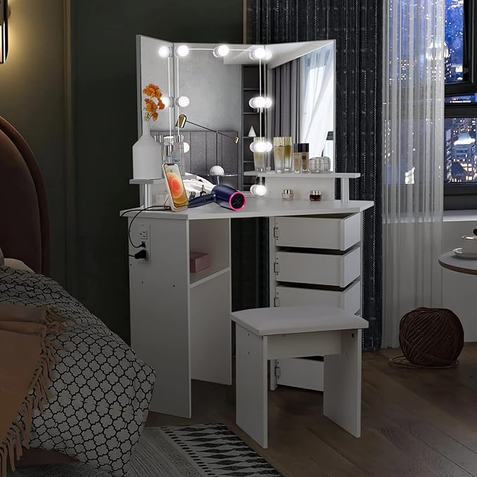 VOWNER Vanity with Lights - Makeup Vanity Desk with Power Outlet, 3 Color Lighting Options Brightness Adjustable, 5 Rotating Drawers, Shelves and Stool for Bedroom, White