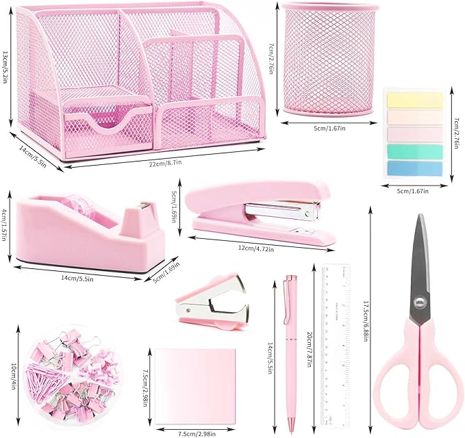 Pink Desk Organizers and Accessories,12pcs Office Desk Accessories Supplies,with Pen Holder, Tape Holder, Stapler, Scissors, Ruler, Staple Remover for Home & School, Office Supplies Gift for Women
