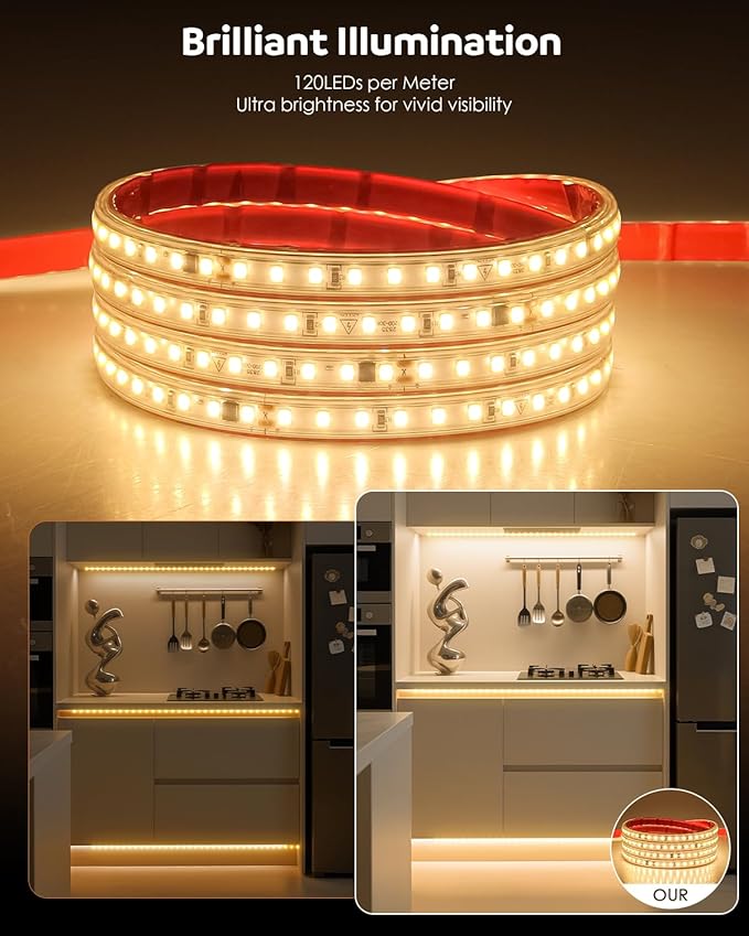 Aclorol Outdoor LED Strip Lights Waterproof 20FT Warm White 120V LED Light Strip with 3.28FT ON/Off Switch Power Cable SMD 2835 Ultra Bright for Bedroom Closet Hallway Roof Patio Pergola 8mm Width