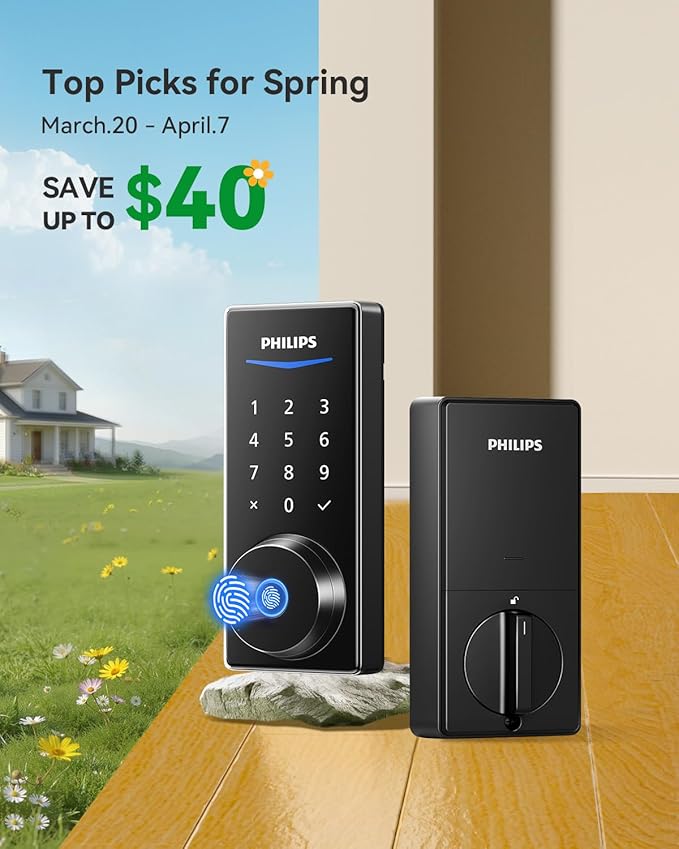 Philips Built-in WiFi Smart Lock, Keyless Entry Door Lock with App, Touchscreen, Fingerprint Door Lock — Compatible with Alexa & Google, Splash-Proof Design, Includes 8 Batteries, Black
