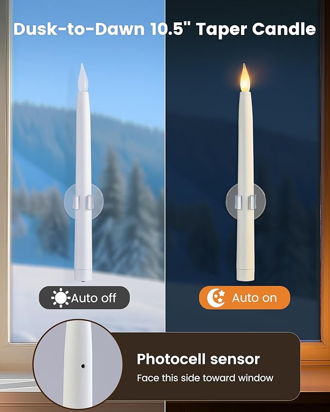 SURAIELEC 10.5'' Battery Window Candles with Suction Cups, Dusk-to-Dawn Window Candles, 3000K Warm White, Flameless LED Candle for Indoor Xmas Windows, 6 Pack (Rechargeable Battery Not Compatible)