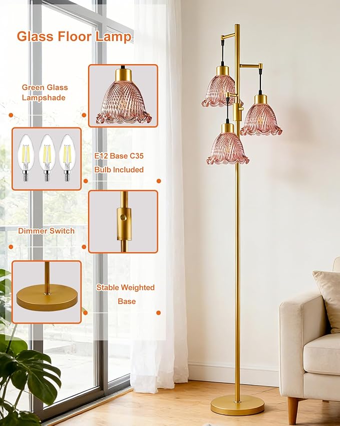 Glass Floor Lamps for Living Room, 3-Light Gold Dimmable Floor Lamp with Rose Red Glass Shade& Bulbs Included, Mid Century Standing Tall Lamp for Bedroom/Sofa Beside/Corner Decor