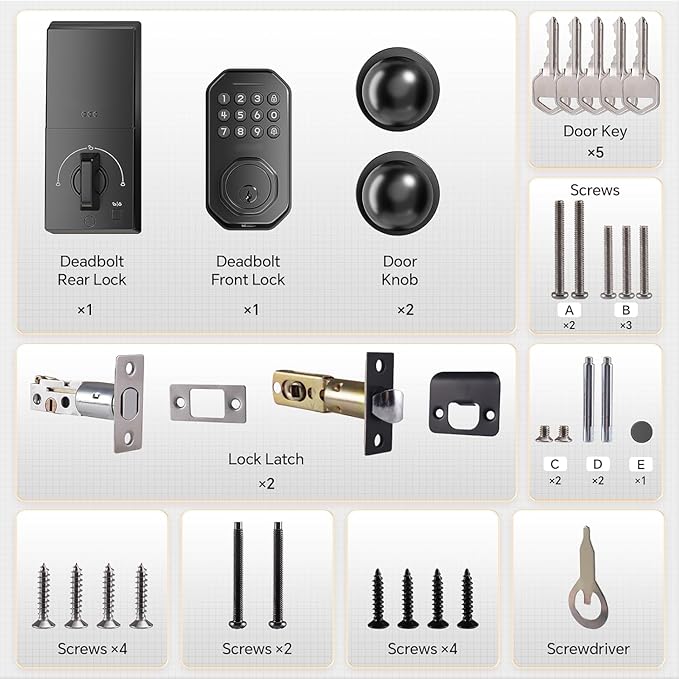 Keyless Entry Door Lock Set WiFi Smart App Control Door Lock for Front Door Keypad Deadbolt with 2 Knobs Auto Lock One Time Codes Easy Install, Black