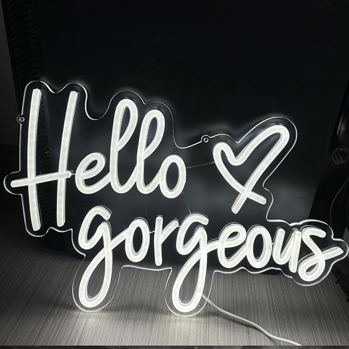 Hello Gorgeous Neon Sign,LED White Neon Hello Sign Decorative Art Lamp with Dimmable Switch Suitable for Home Wedding Birthday Backdrop Party,17x10In,Usb Powered(White Hello Gorgeous)