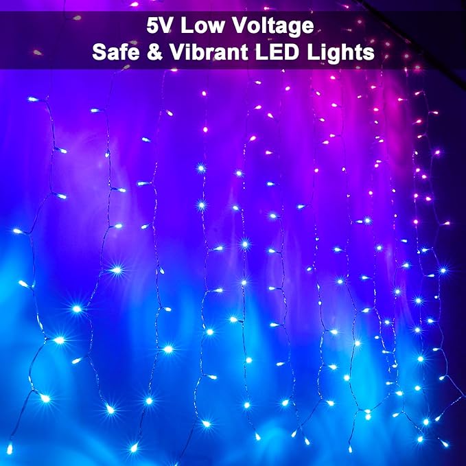 Pink Purple & Blue Ombre Fairy Curtain Lights with Dimmer Switch, Ombre Rainbow LED Icicle String Curtain Lights for Girls' Bedroom, Teen Room, Kids' Room, Wedding, Mother's Day, Mermaid Decor