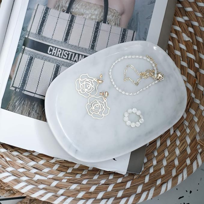 Marble Vanity Tray 7‘’ Decorative Tray Oval Storage Organizer Mini Bathroom Kitchen Dresser Jewelry Dish Ring Holder for Counter, Vanity, Dresser, nightstand or Desk
