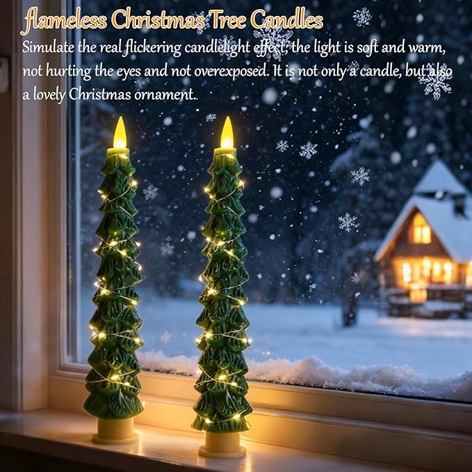 2-Pack Christmas Tree Flameless LED Candles with String Lights, Realistic 3D Flickering Flame, Remote Control, Battery-Operated Christmas Decorations for Home & Holiday Display