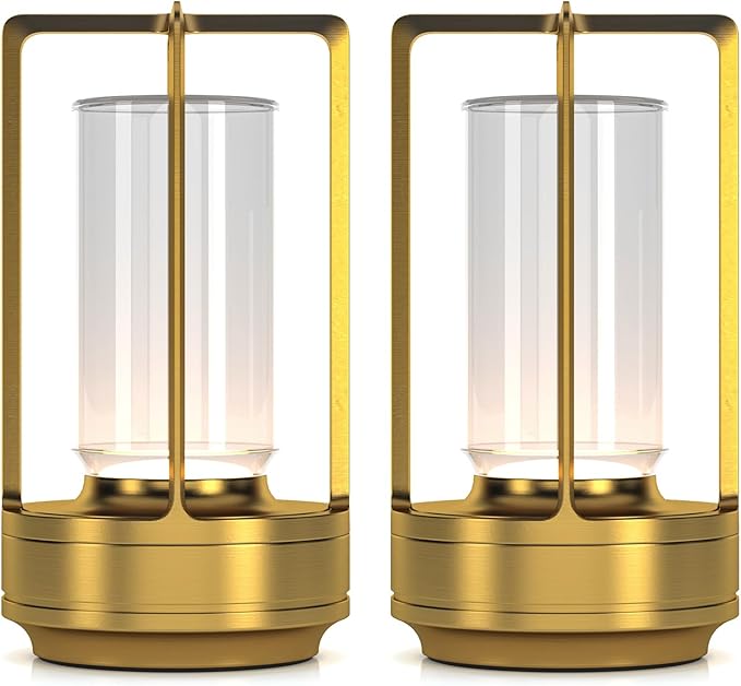 Portable Metal Table Lamp for Indoor/Outdoor ,Rechargeable Cordless LED Lamp, 3-Colour Infinitely Dimming Battery Powered Small Desk Lamp, Restaurant/Bedroom/Bar/Coffee/Camping Light (Gold Set of 2)