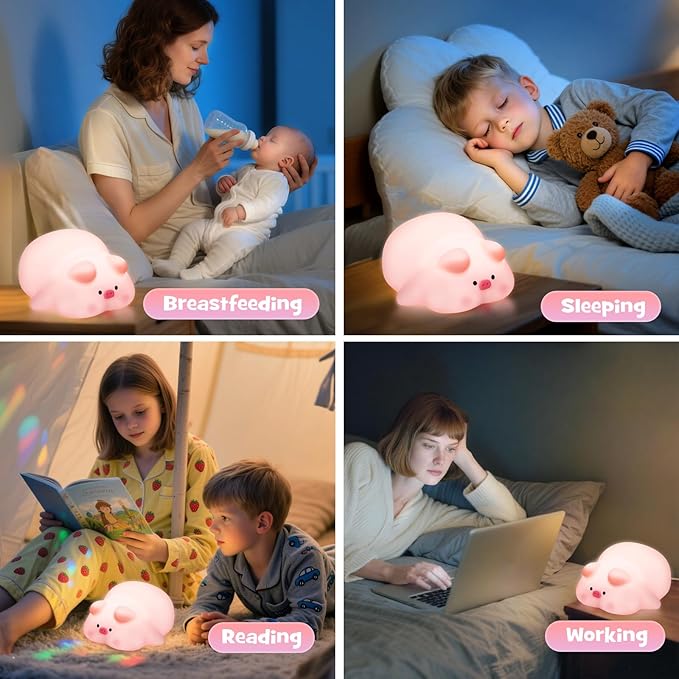 Squishy Pig Night Light 3 Brightness Adjustable Cute Lying Flat Piggy Light with Timer Nursery Breastfeeding Nightlight Rechargeable Silicone Touch Bedside Animal Lamp for Home Bedroom Dorm Decor