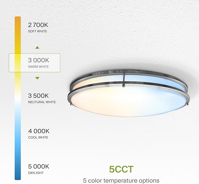 ASD LED 24" Oval Flush Mount Lighting, Close to Ceiling Light Fixture | 5CCT, Dimmable, ETL Listed | 38W 3289LM 2700-5000K 120V | Low Profile Double Ring Lamp | Nickel