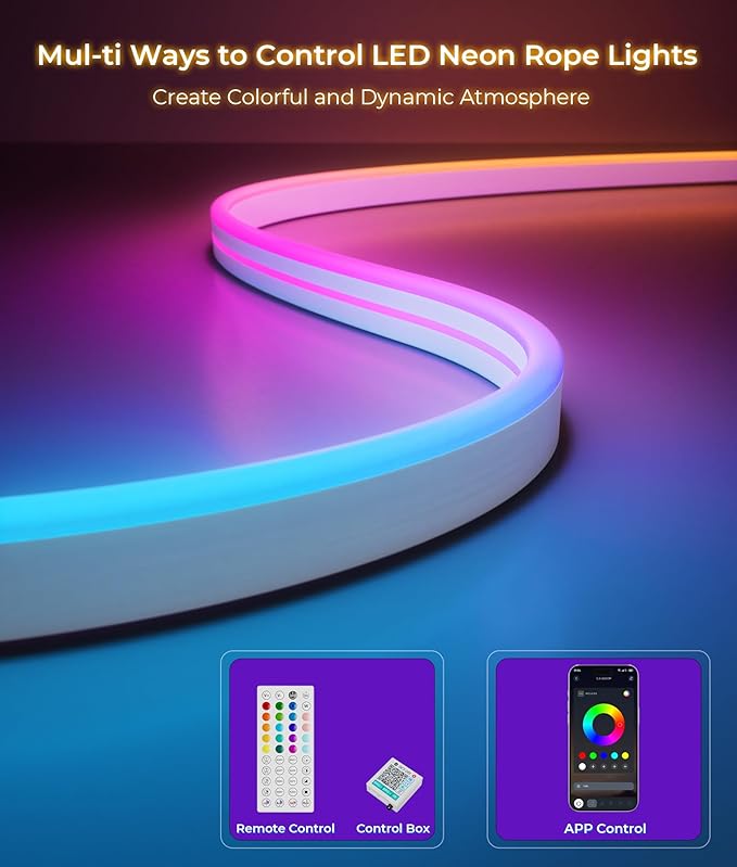 Led Neon Rope Lights - Flexible Led Control with App/Remote Rope Lights 16.4FT Multiple Modes RGB IP65 Waterproof Outdoor Neon Music Sync Gaming Strip for Christmas Decor Indoor/Outdoor