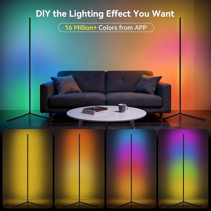 RGB LED Corner Floor Lamp - Smart App & Remote Control, Music Sync Color Changing Ambience Light with 16 Million Hues, Perfect for Bedroom, Living Room & Gaming Room