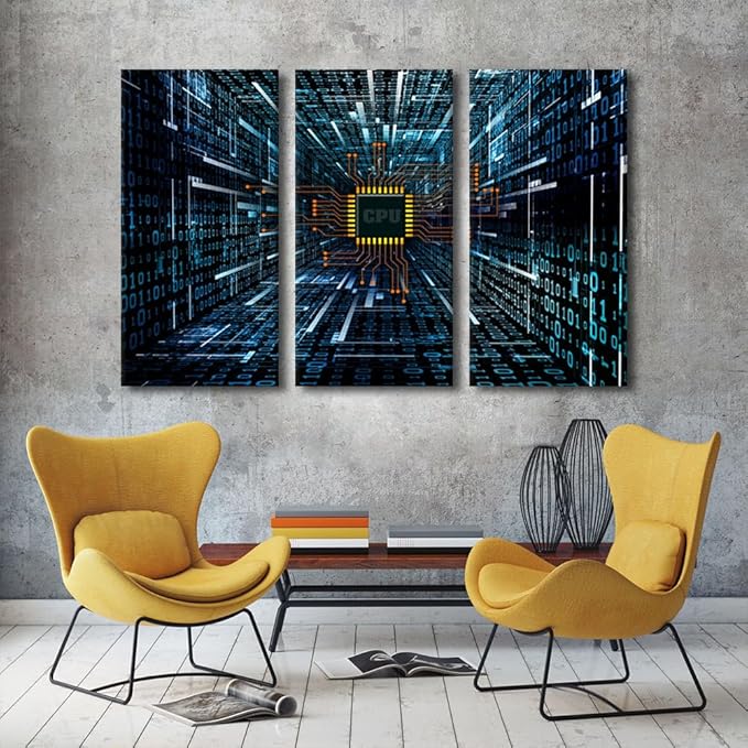 3 Panel Canvas Wall Art for Bedroom Computer Chip Wall Art for Living Room CPU Concept Wall Art Decor Electronic PC Abstract Artwork Rustic Decor for Home Walls Giclee Framed Ready to Hang(28"Wx42"H)