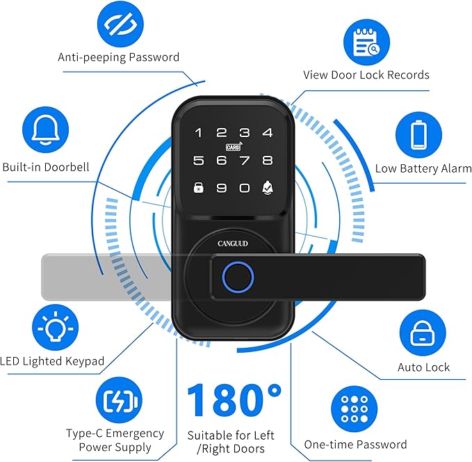 Smart Door Lock with Handle - Keyless Entry Door Lock for Front Door, Touchscreen Keypad Door Knob Lever Lock, Fingerprint Door Handle Lock, Auto Lock, App Control, Easy Installation