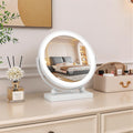 Travel Makeup Mirror, 9" Small Vanity Mirror with Lights, 1500mAH Battery, 3-Color Lighting, Dimmable, 360° Rotation, Round Portable Desk Mirror, Travel Essentials (White)