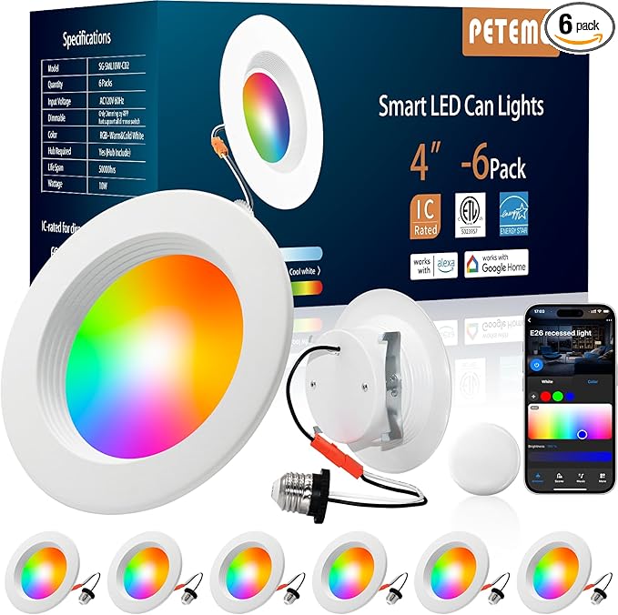 Peteme E26 Retrofit LED Recessed Lighting 4 Inch, IC Rated ETL Certified Smart Can Light Baffle Trim Style, RGBCW Dimmable Color Changing Soffit Downlight Compatible with Alexa/Google, 800LM, 6 Pack
