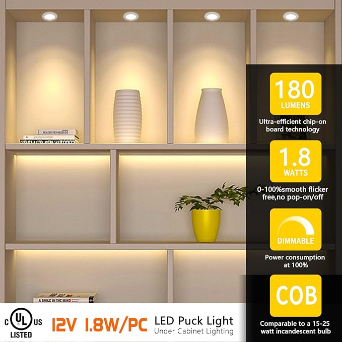 VST Smart Under Cabinet Lighting Work with Alexa Google Home Assistant App Remote Control, Recessed or Surface Mount 12V 2W/pc Puck Light for Kitchen Under Counter, Display Case, 6 Pack 3000K~6000K.
