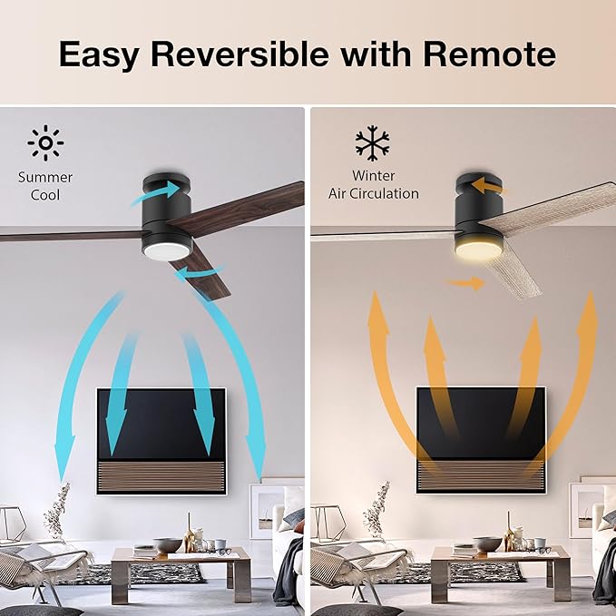 52” Smart Flush Mount Ceiling Fans with Lights Remote,Quiet DC Motor,Outdoor Indoor Low Profile Ceiling Fan,Voice Control via WIFI Alexa App,Modern Black& Walnut Dimmable Fan for Bedroom Patio