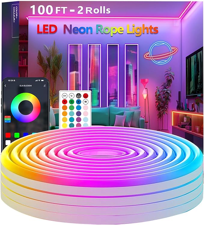 100FT (2 Rolls 50FT) Neon Rope Lights,Flexible Led Rope Light Control with App/Remote,Multiple Modes,Music Sync,IP65 Outdoor RGB Led Strip Lights Waterproof