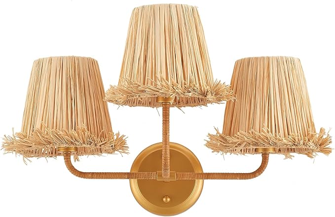 Boho Hand Woven Rattan Wall Sconces 3-Lights Wall Lamp Coastal Brass Wall Lights for Hallway Vanity Bedside Doorway, UL Listed
