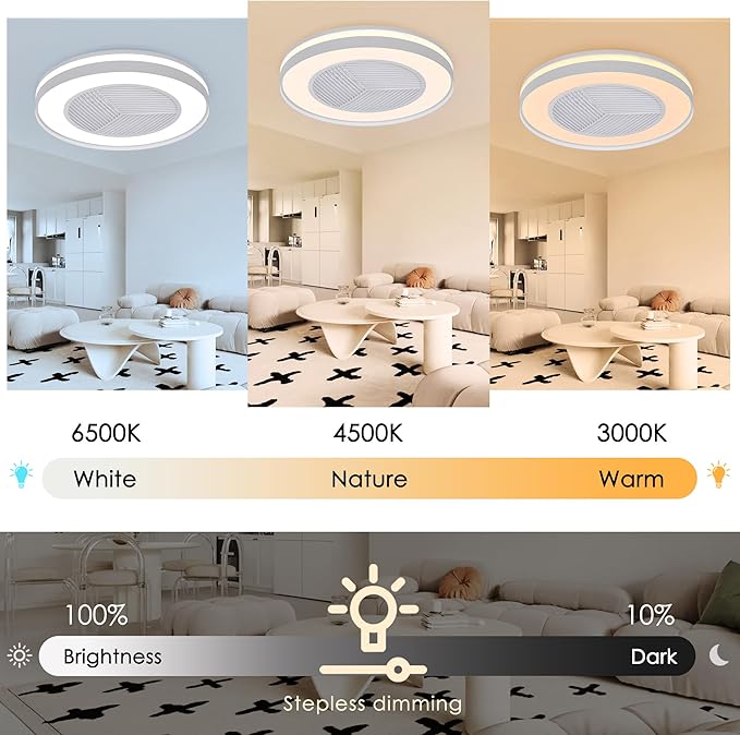 Smart Low Profle Ceiling Fans with 3-Dimmable Light Remote/APP Control, 20" Bladeless Ceiling Fans with 6 Speeds, Timer, Quiet DC Motor, Ceiling Fan with Light for Kids Bedroom/Living Room