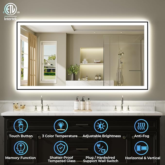 60x40 Inch LED Bathroom Mirror with Lights (Front Lit and Backlit) Black Framed Lighted Vanity Mirror for Bathroom Wall Dimmable Anti-Fog Memory Tempered Glass Horizontal/Vertical
