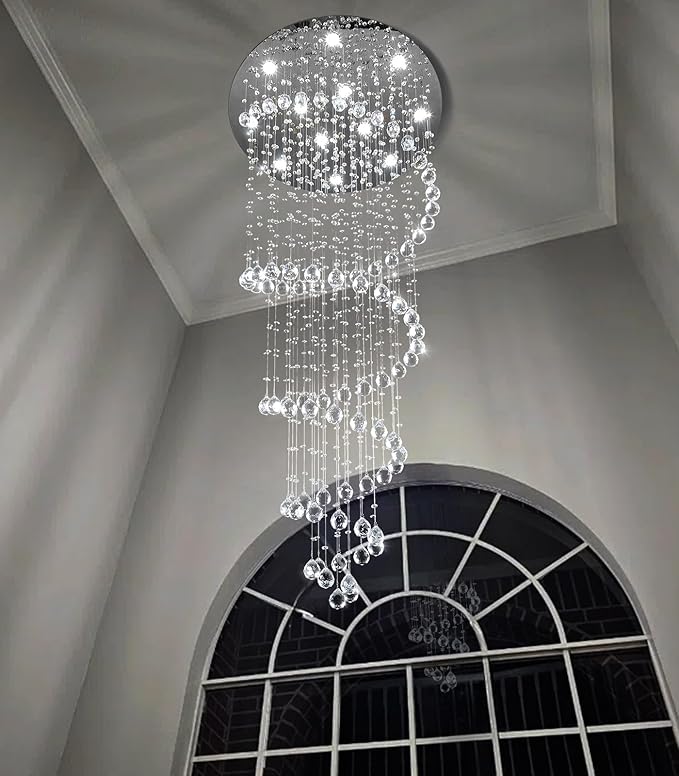 LED High Ceiling Chandelier Crystal Chandeliers Light Fixtures with Dimmable Light Bulbs Gold Living Room Foyer Chandelier Modern Pendants Lights for Entryway Staircase Silver