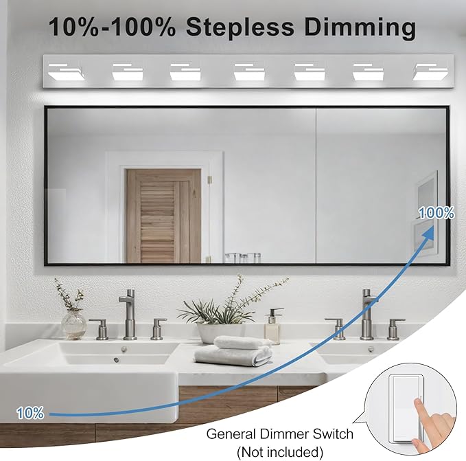 LED Modern Bathroom Vanity Light Fixtures, 7-Light 48-inch Dimmable Chrome Vanity Lights for Bathroom Lighting Fixtures Over Mirror, with 350° Rotatable Heads (Cool White 6000K)