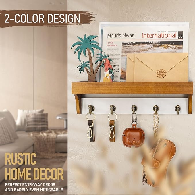 Rebee Vision Key and Mail Holder for Wall with Floating Shelf : 14 Inches Decorative Hanging Organizer with 5 Sturdy Keys Hooks and Wall Mount Key Rack - Farmhouse Entryway Decor (Light Brown & White)