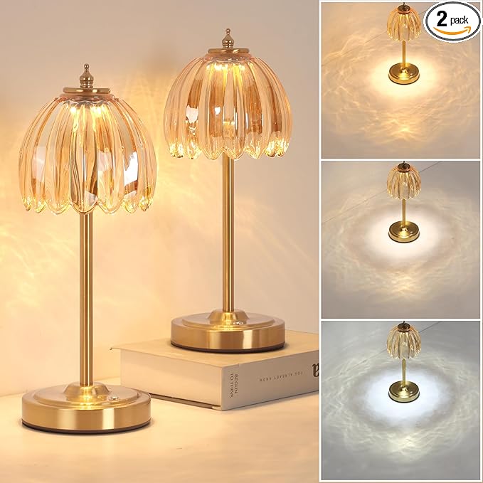 Set of 2 Tulip Table Lamp with 5000mAh Battery & Touch Control, Cordless Table Lamp with 3 Colors, Dimmable Rechargeable Table Lamps for Bedroom, Living Room, Entryways (Amber Tulip)