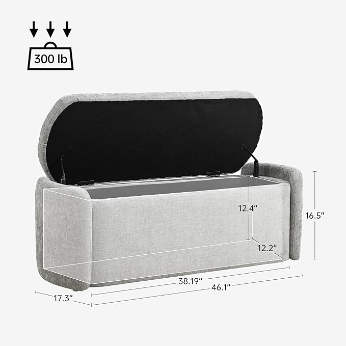 VKNOW 46" Oval Storage Ottoman Bench, Upholstered End of Bed Bench Ottomans Bench Foot Rest, Sherpa Storage Bench for Bedroom, Living Room and Hallway, Light Grey