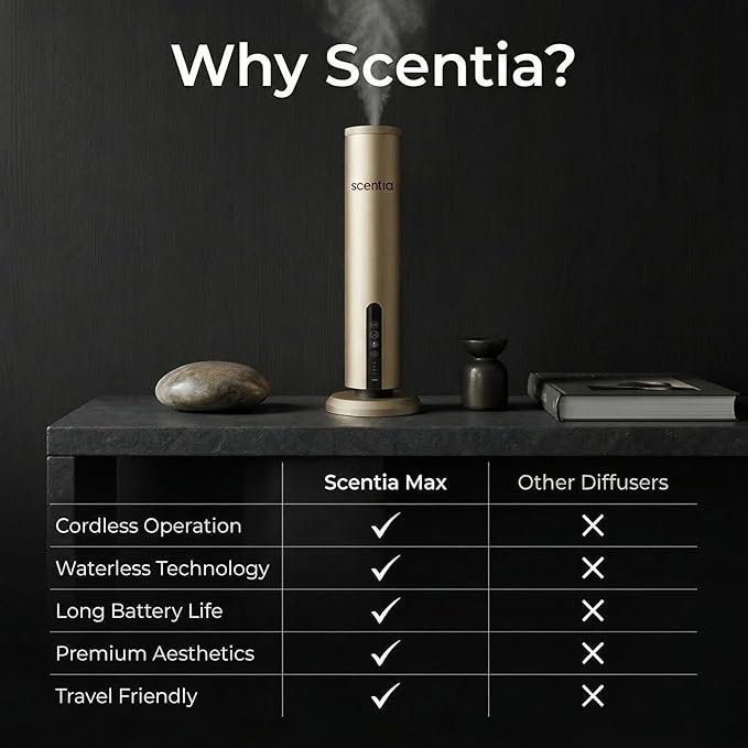 Scentia Wireless Waterless Hotel Scent Diffuser | Includes Premium USA-Made Oil Blend | App Controlled, Cordless | Home, Office, Spa, Aromatherapy | Covers 1500 Sq Ft | 72 Hrs in 1 Charging | Gold
